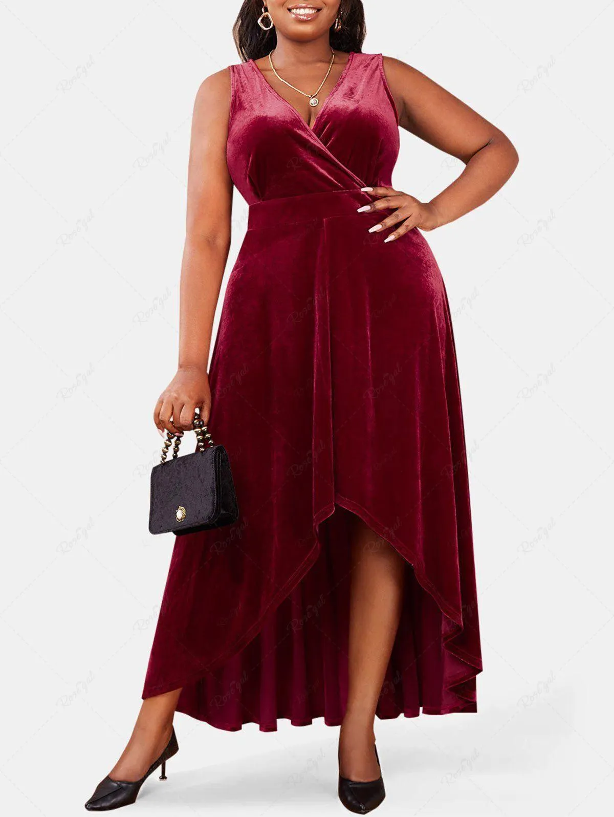 Plus Size Velvet High Low Maxi Cocktail Dress - L