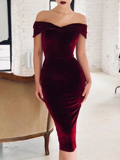 Burgundy Off Shoulder V-neck Bodycon Midi Dress