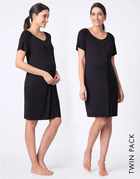 Black Button-Down Maternity Nighties – Twin Pack