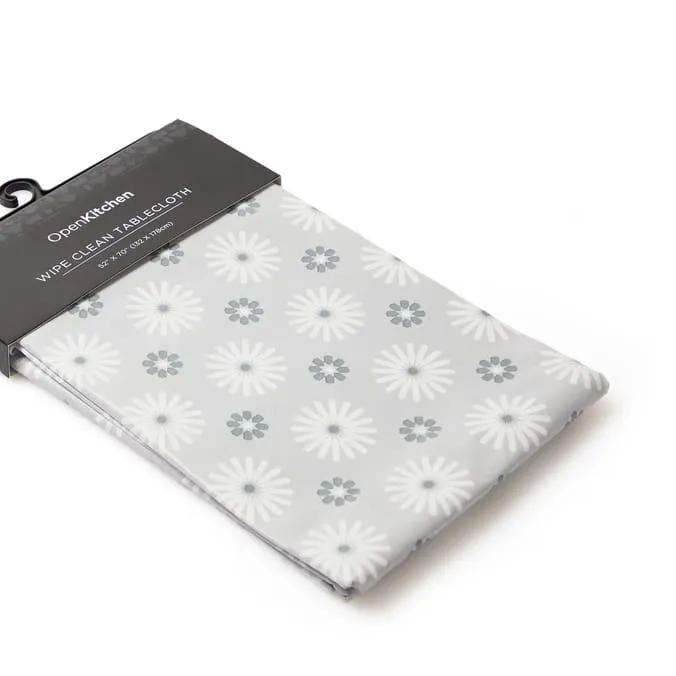 Open Kitchen Wipe Clean Tablecloth - Grey with White Flowers