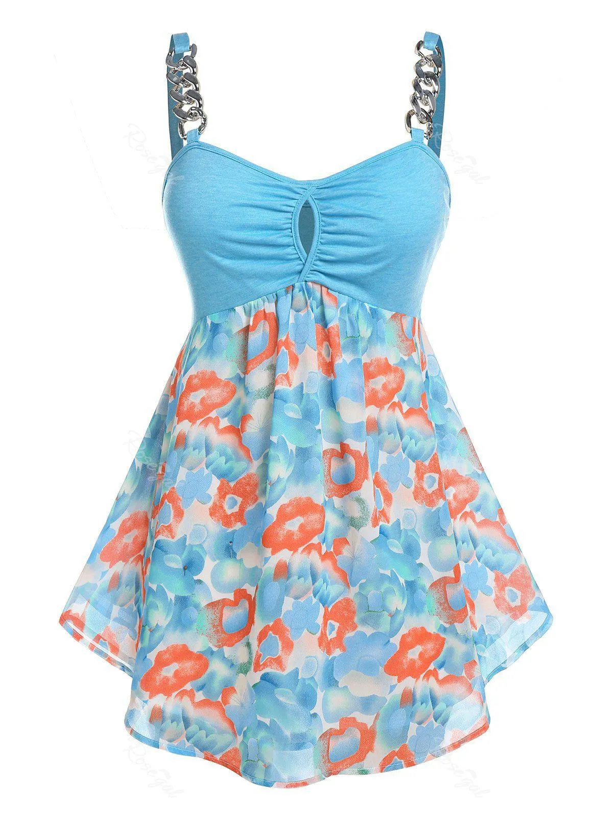 Plus Size Cutout Floral Print Chains Tank Top - L