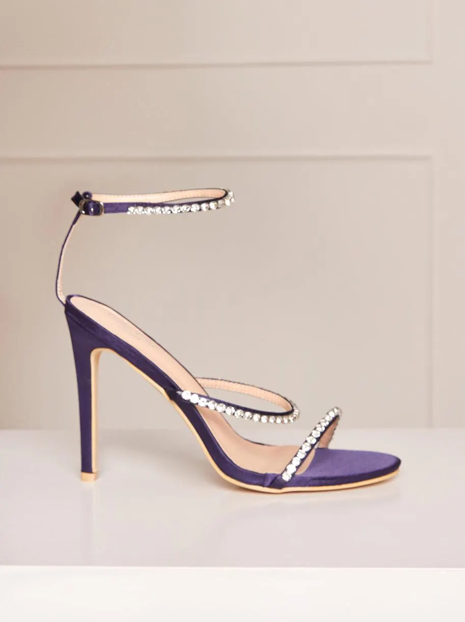 High Heel Diamante Strap Sandals in Navy