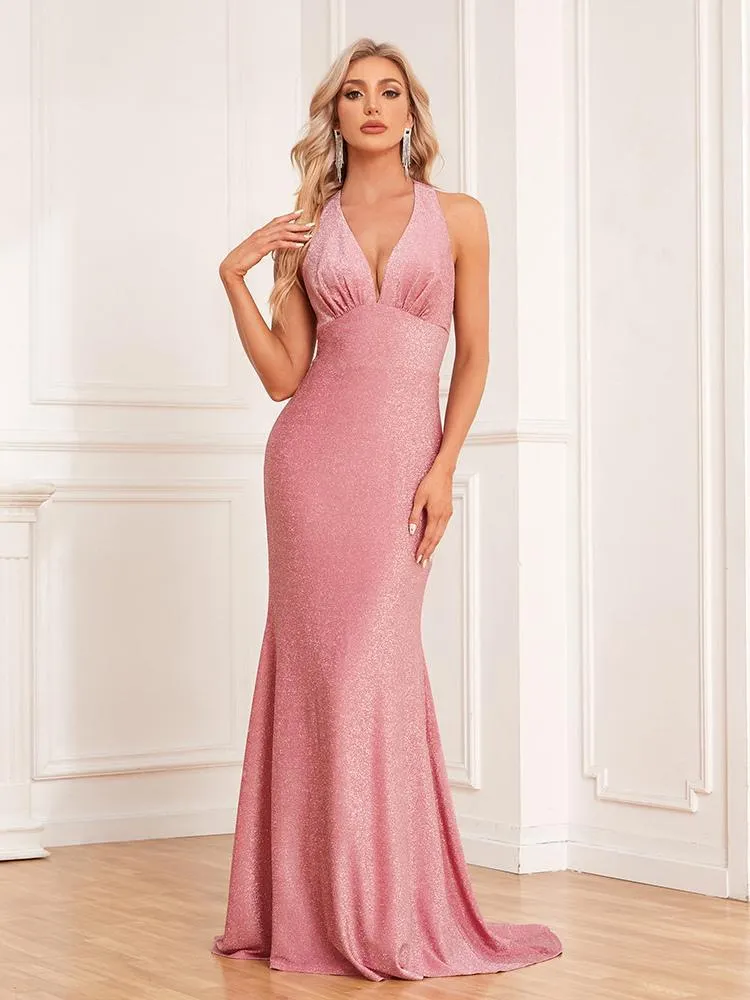 Party Dresses Pink Halter Lace Up Sleeveless Backless Semi Formal Dress
