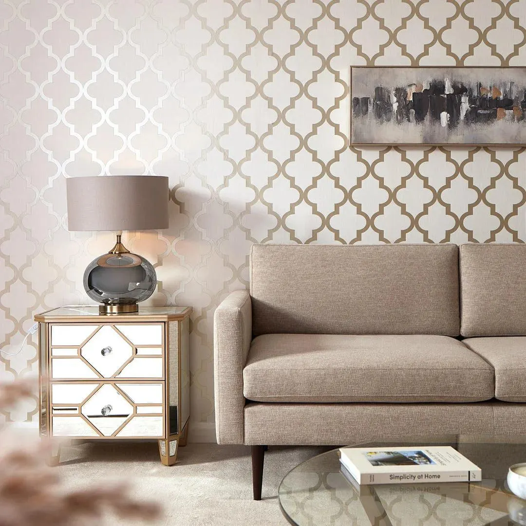 Camden Trellis Wallpaper in Neutral and Gold