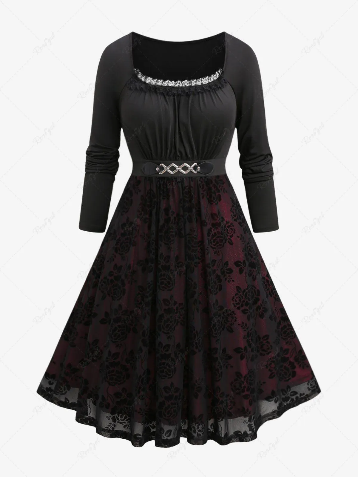 Plus Size Floral Mesh Lace Trim Chain Panel Ruched Dress - 1x | Us 14-16