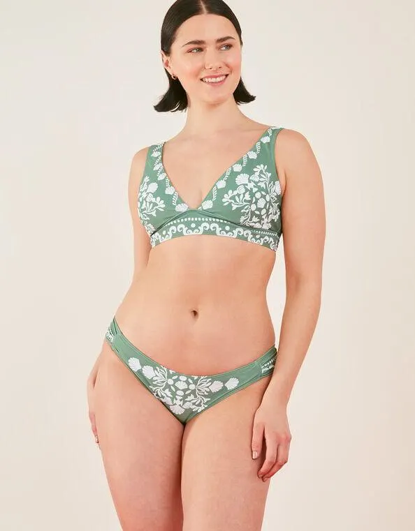 Ornamental Print Ruched Side Bikini Bottoms Green