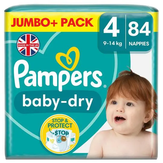 Pampers Baby-Dry Size 4, 84 Nappies, 9kg-14kg, Jumbo+ Pack
