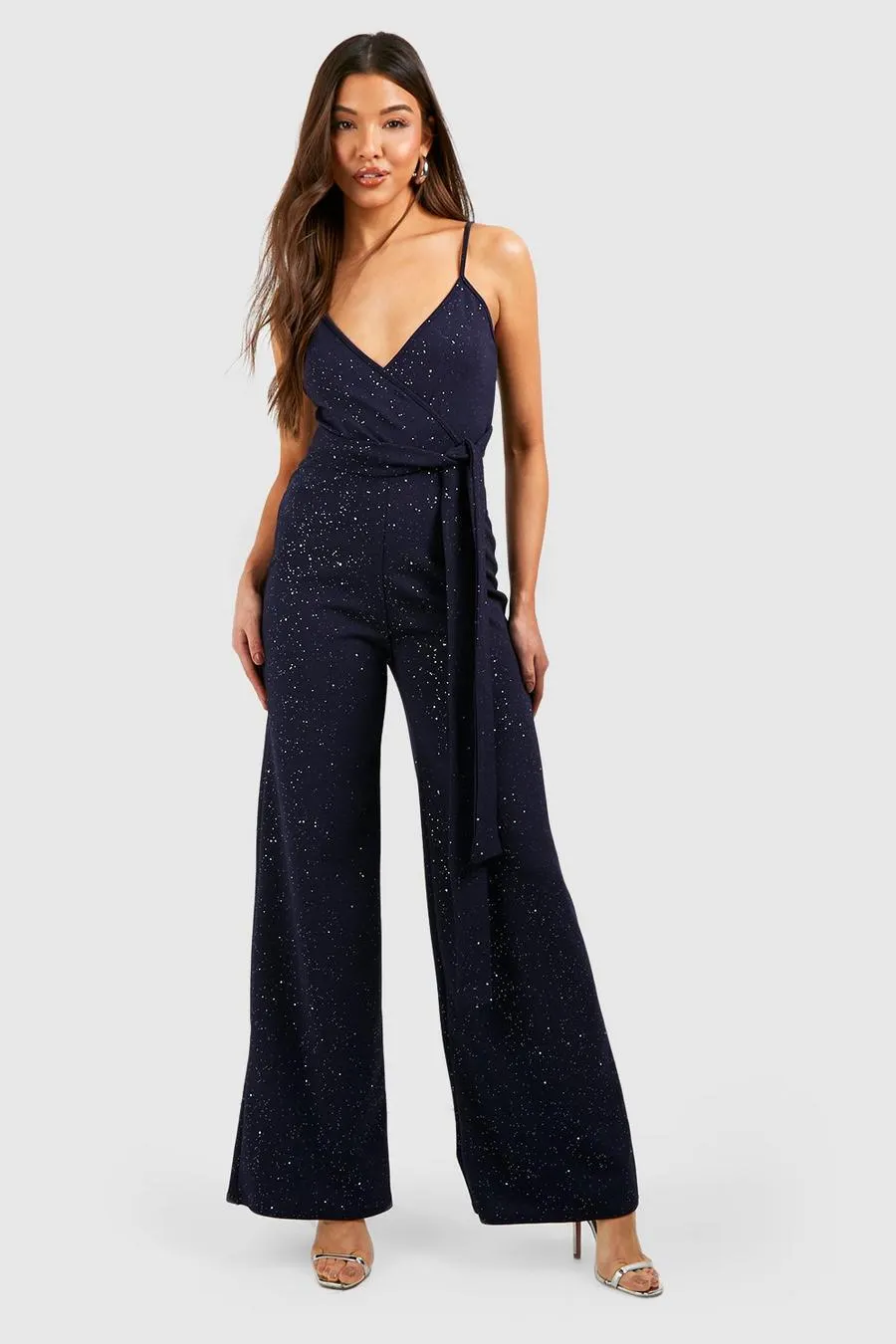 Glitter Strappy Wrap Belted Wide Leg Jumpsuit