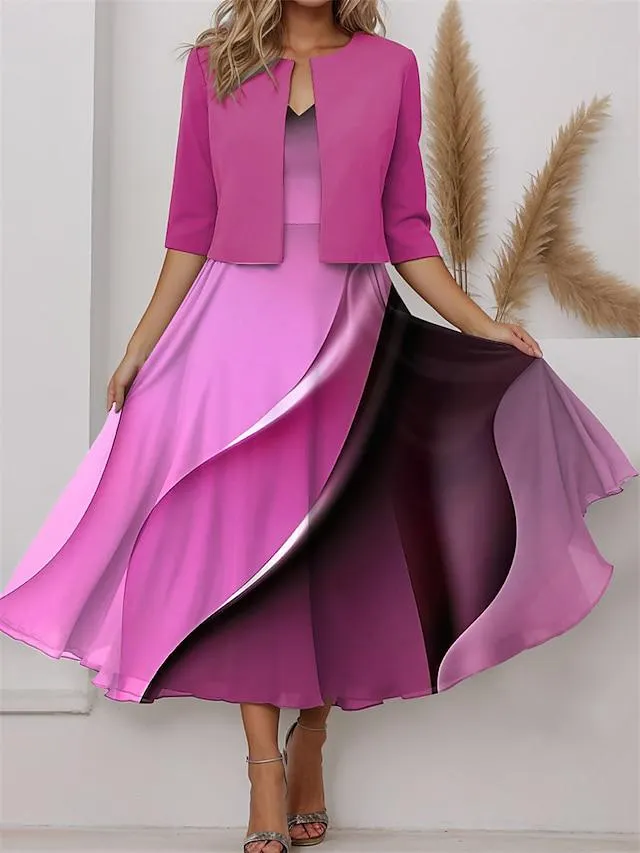 Women's Two Piece Dress Set Casual Dress Chiffon Dress Outdoor Holiday Fashion Streetwear Print Midi Dress V Neck Half Sleeve Ombre Regular Fit Blue Purple Fuchsia Spring S M L XL XXL