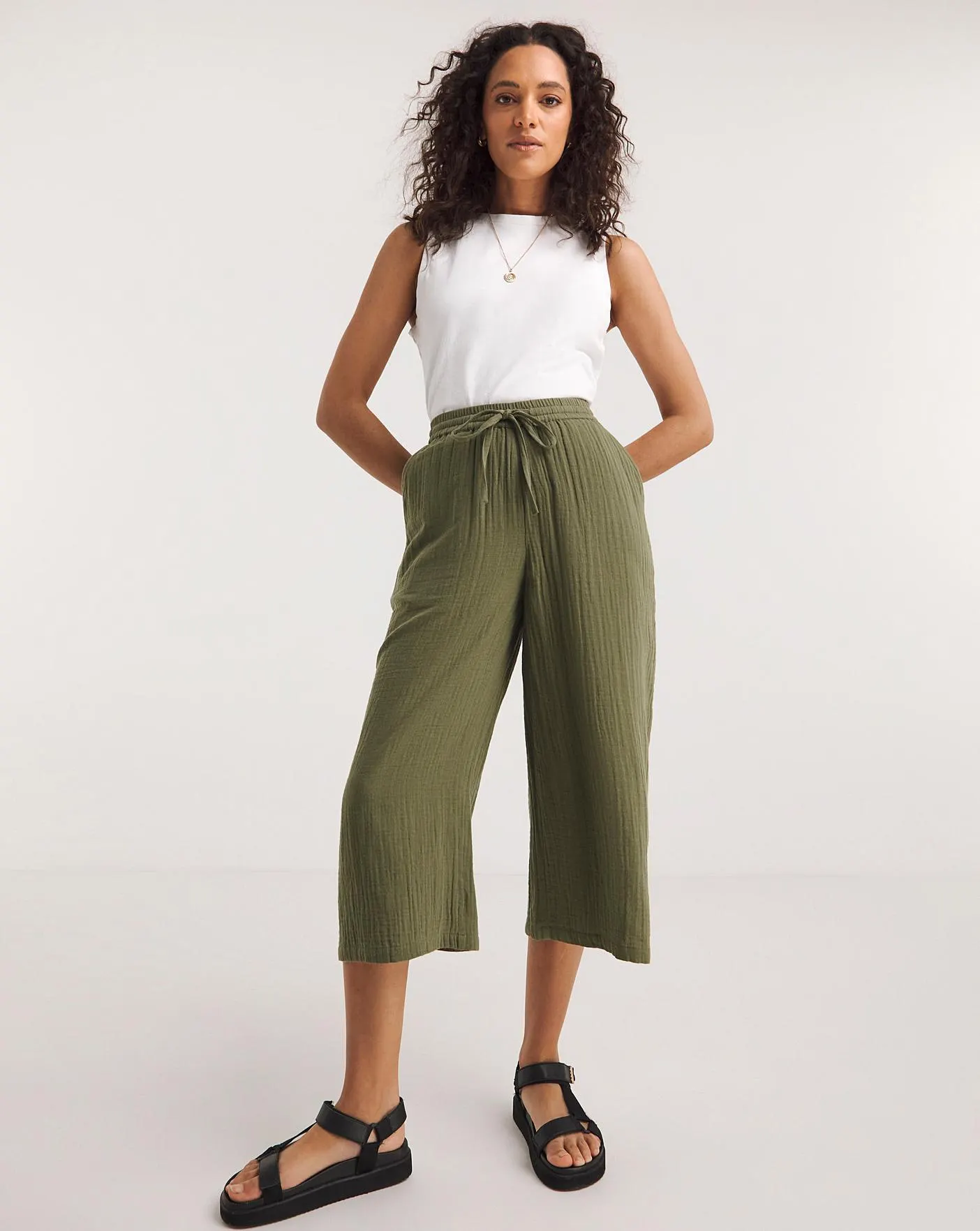 Khaki Cheesecloth Culottes