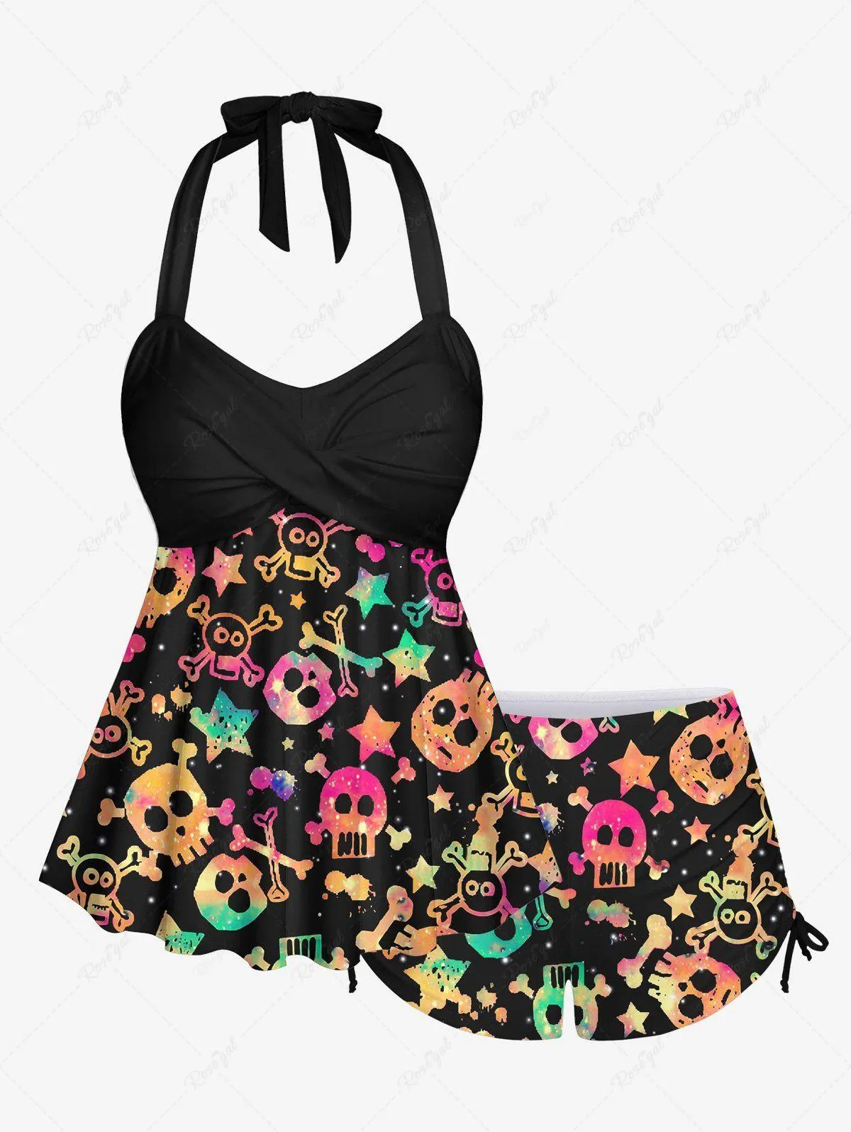 Halter Twist Skulls Skeleton Star Print Cinched Boyleg Tankini Swimsuit - 3x
