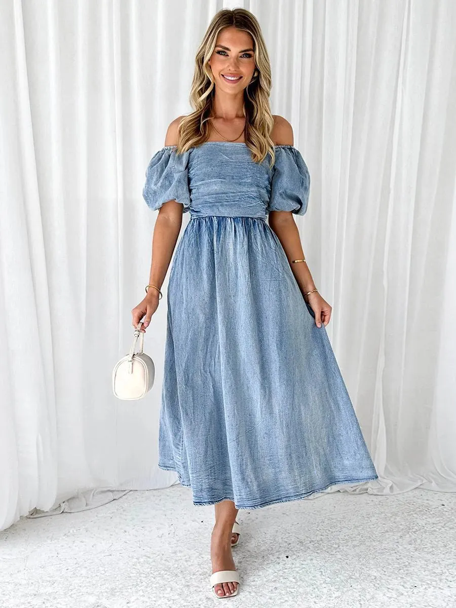 Maxi Dresses Bateau Neck Short Sleeves Polyester Chic Open Shoulder Pleated Floor Length Dress