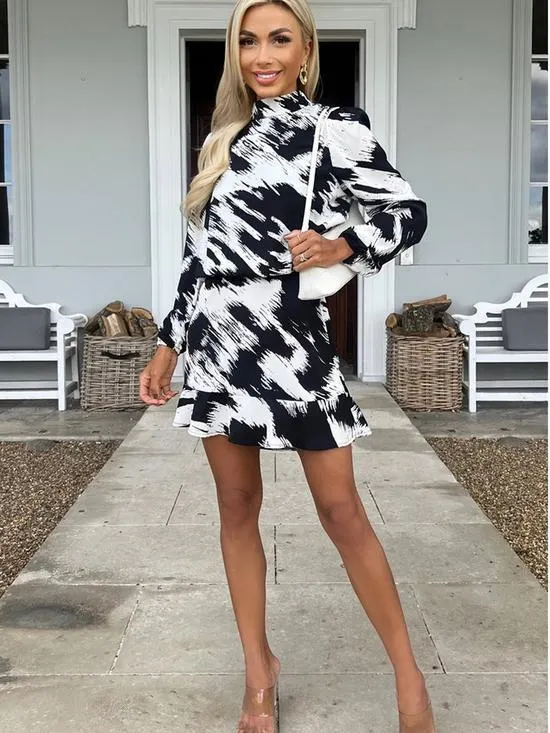 Black And White High Neck Long Sleeve Skater Dress