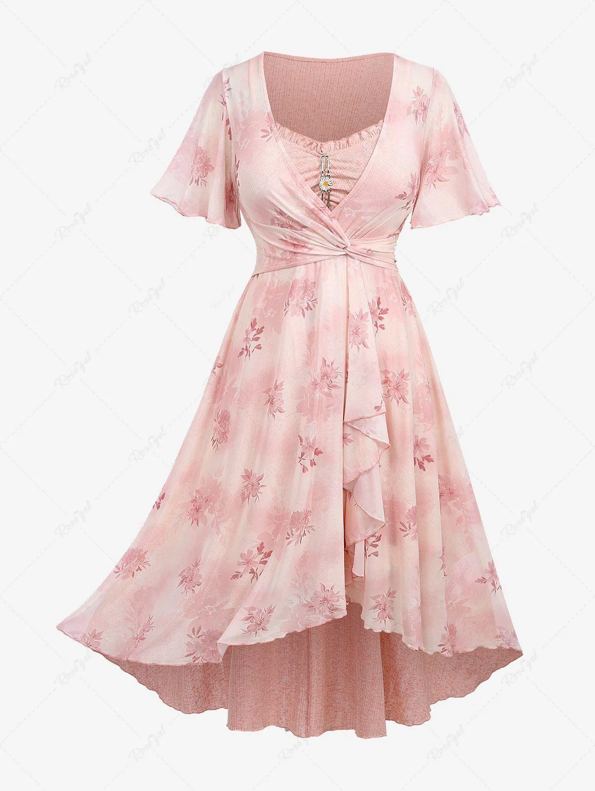 Plus Size Flutter Sleeves Ombre Floral Mesh Print Twist Ruffles Daisy Ruched Layered High Low Asymmetric 2 in 1 A Line Dress - 1x | Us 14-16