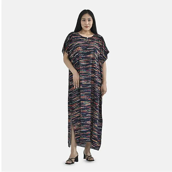TAMSY Viscose Multi Colour Pattern Kaftan Dress - Navy