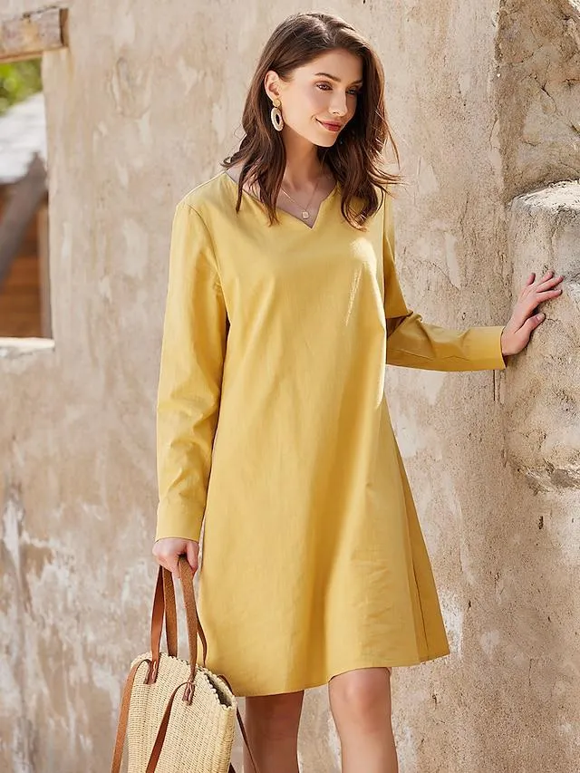 Women's Casual Dress Cotton Linen Dress Mini Dress 55% Linen Linen Cotton Blend Basic Casual Work Vacation Beach Split Neck Basic Long Sleeve Summer Spring High-end Series Loose Fit Yellow Plain S M
