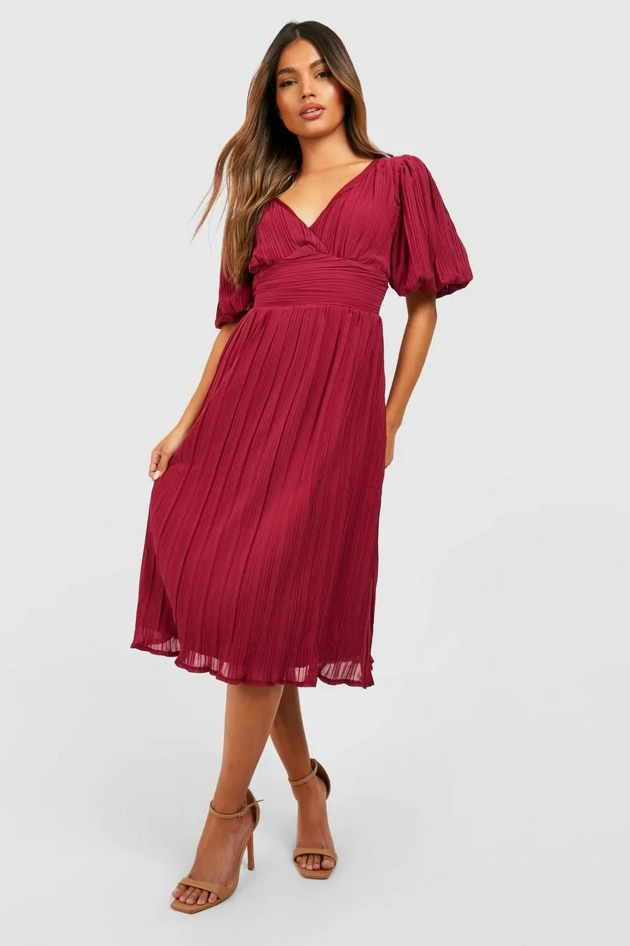 Pleated Puff Sleeve Low Back Midi Dress