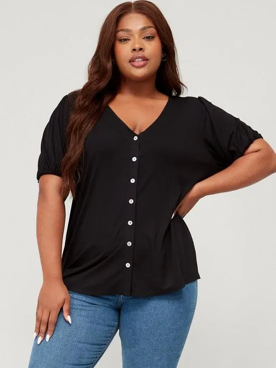 V by Very Curve Puff Sleeve Button Through Jersey Top - Black