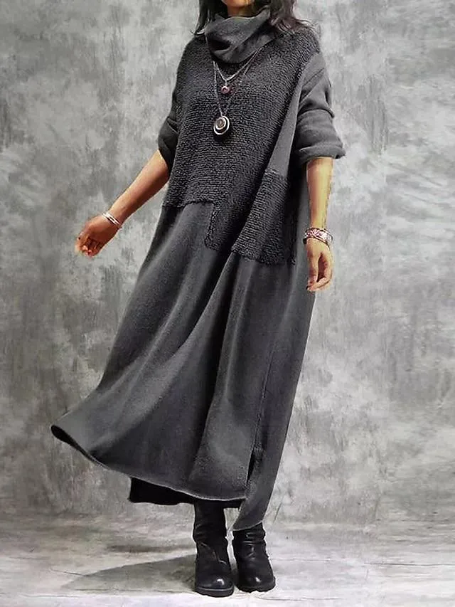 Women's Casual Dress Winter Dress Plain Dress Long Dress Maxi Dress Patchwork Split Outdoor Daily Going out Active Fashion Turtleneck Long Sleeve 2023 Loose Fit Black Wine Gray Color M L XL XXL 3XL