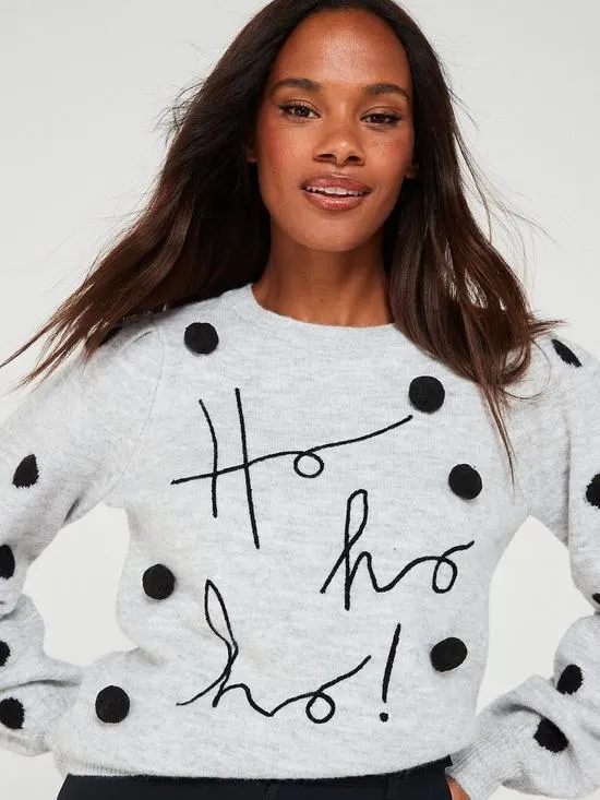 Christmas: Ho Ho Ho Pom Pom Jumper - Grey