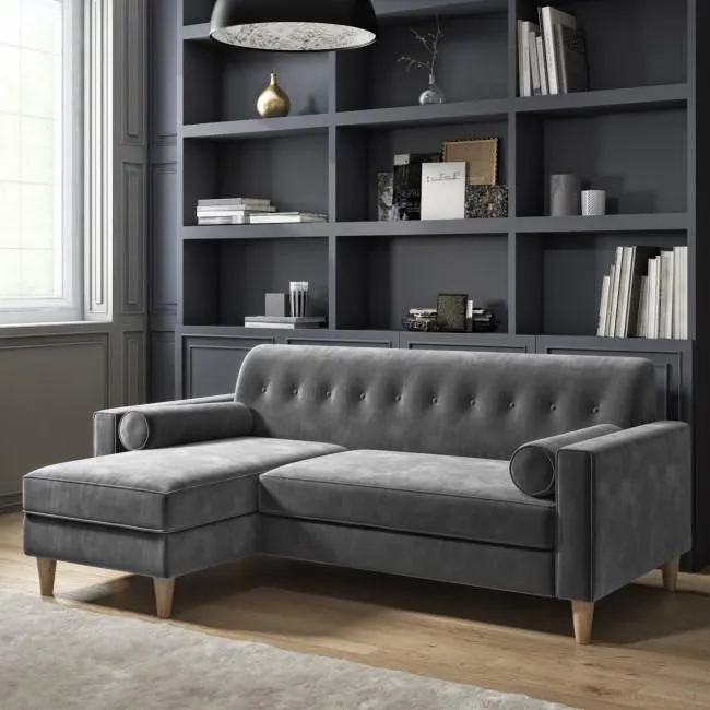 Grey Velvet Left Hand L Shaped Sofa - Seats 3 - Idris