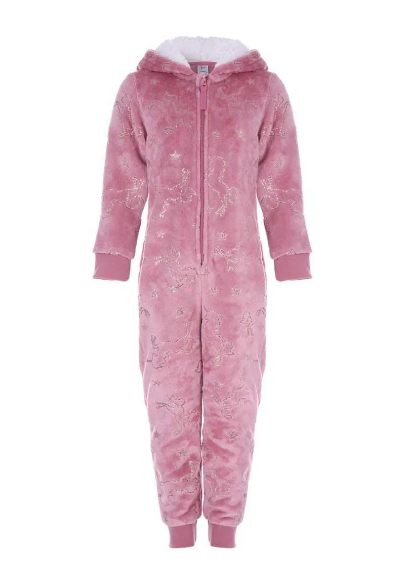 Girls Pink Sparkly Unicorn Onesie Fleece