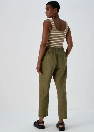 Khaki Linen Cargo Trousers - Size 8