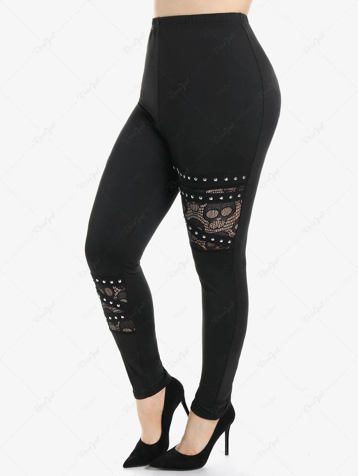 Gothic High Waist Skull Lace Panel Studded Pants - 3x | Us 22-24