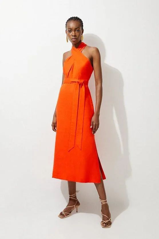 Viscose Linen Woven Cross Neckline Midi Dress