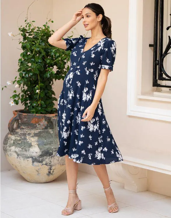 Navy & White Flower Print Maternity to breastfeeding Tea Dress