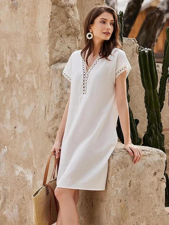 Women's Casual Dress Cotton Linen Dress Mini Dress Linen Cotton Blend Basic Casual Daily Vacation Weekend V Neck V Neck Eyelet Short Sleeve Summer Spring High-end Series Regular Fit White Blue Green