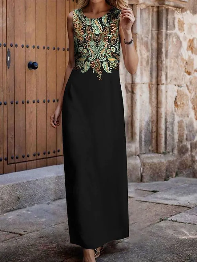 Women's Paisley Dress Casual Dress Paisley Print Crew Neck Long Dress Maxi Dress Vintage Ethnic Street Holiday Sleeveless Loose Fit Black White Blue Summer S M L XL XXL