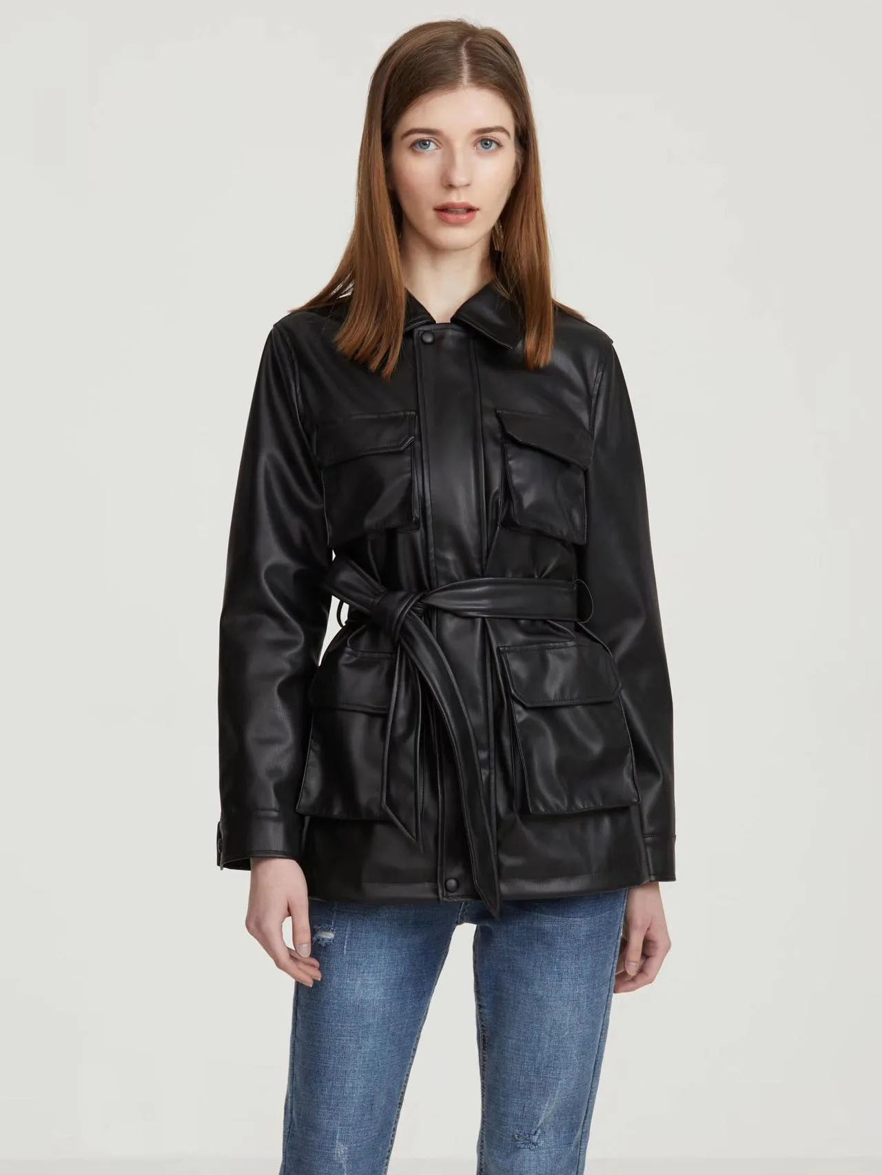 Pu Leather Shirt Jackets Turndown Collar Casual Fall Outerwear