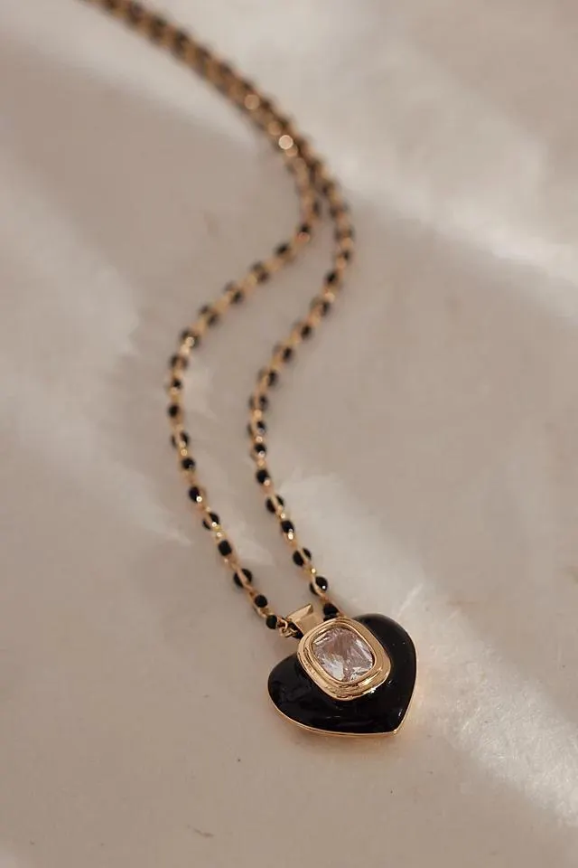 Gold-Plated Crystal Heart Pendant Beaded Chain Necklace