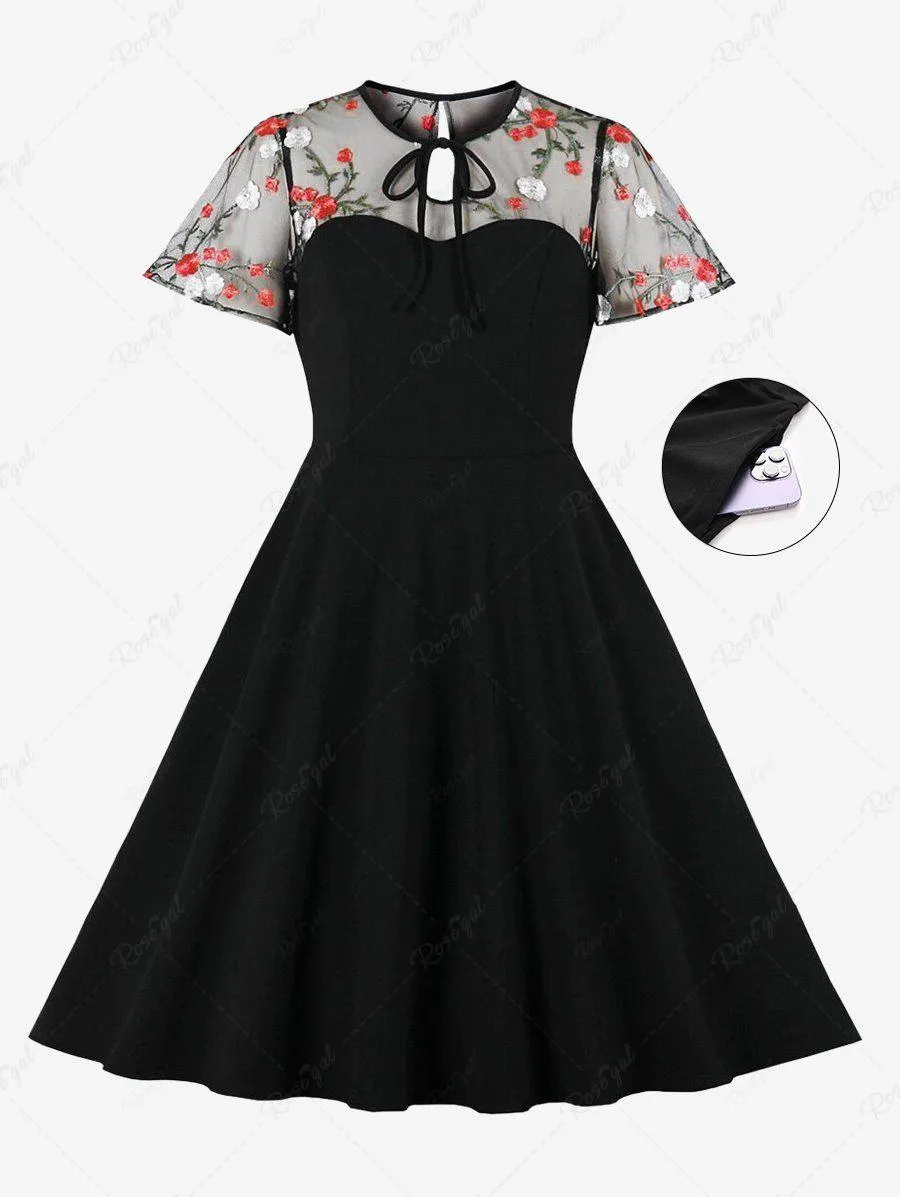 Plus Size Floral Embroidery Sheer Mesh Patchwork Tie Vintage Dress - 4xl