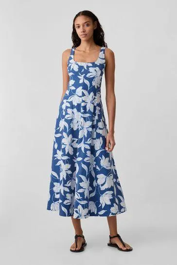 Linen Blend Square Neck Midi Dress