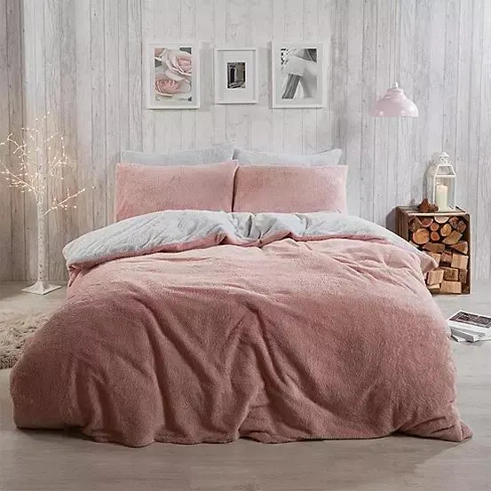 Brentfords Teddy Fleece Reversible Blush & Grey Duvet Cover & Pillowcase Set