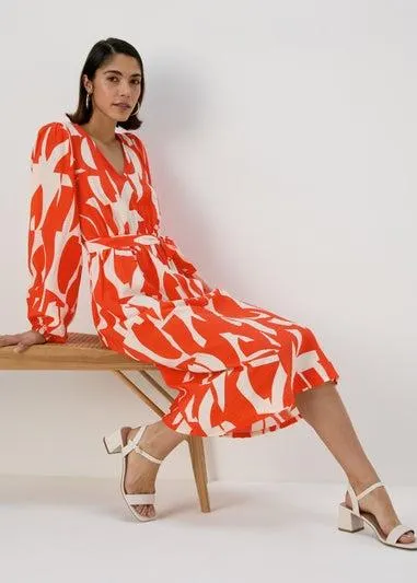 Et Vous Red Abstract Print Balloon Sleeves Dress - Size 8