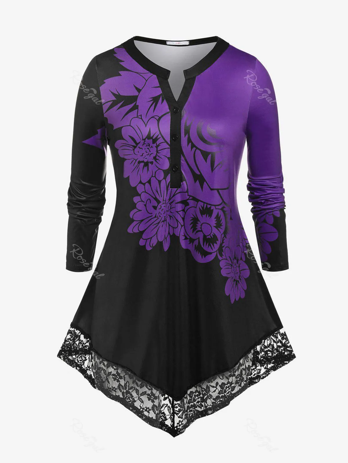 Plus Size Asymmetrical Floral Print Lace Brim T-shirt - 4x