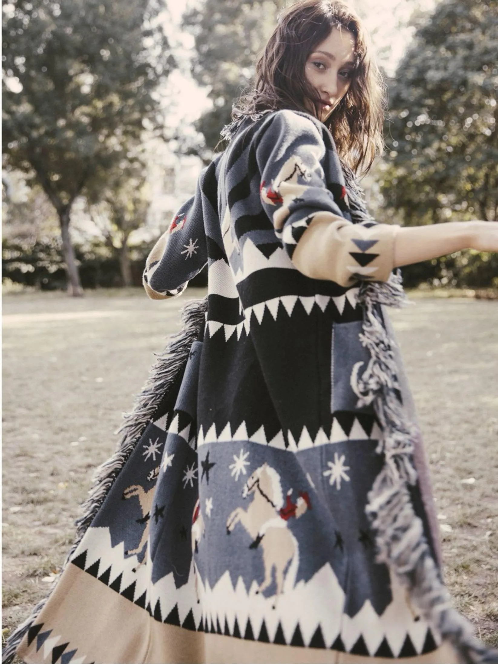 Jacquard Cardigans Tassel Trim Belted Wool Blend Boho Longline Sweater