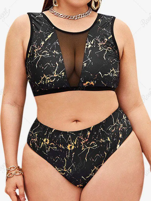 Plus Size Mesh Panel Marble Padded Longline Bikini Swimsuit - 2xl