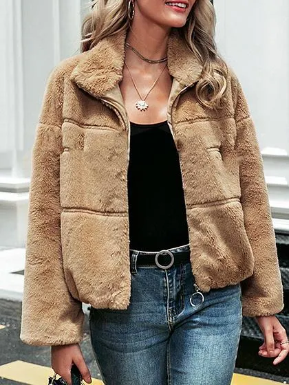 Khaki Long Sleeve Fluffy Coat