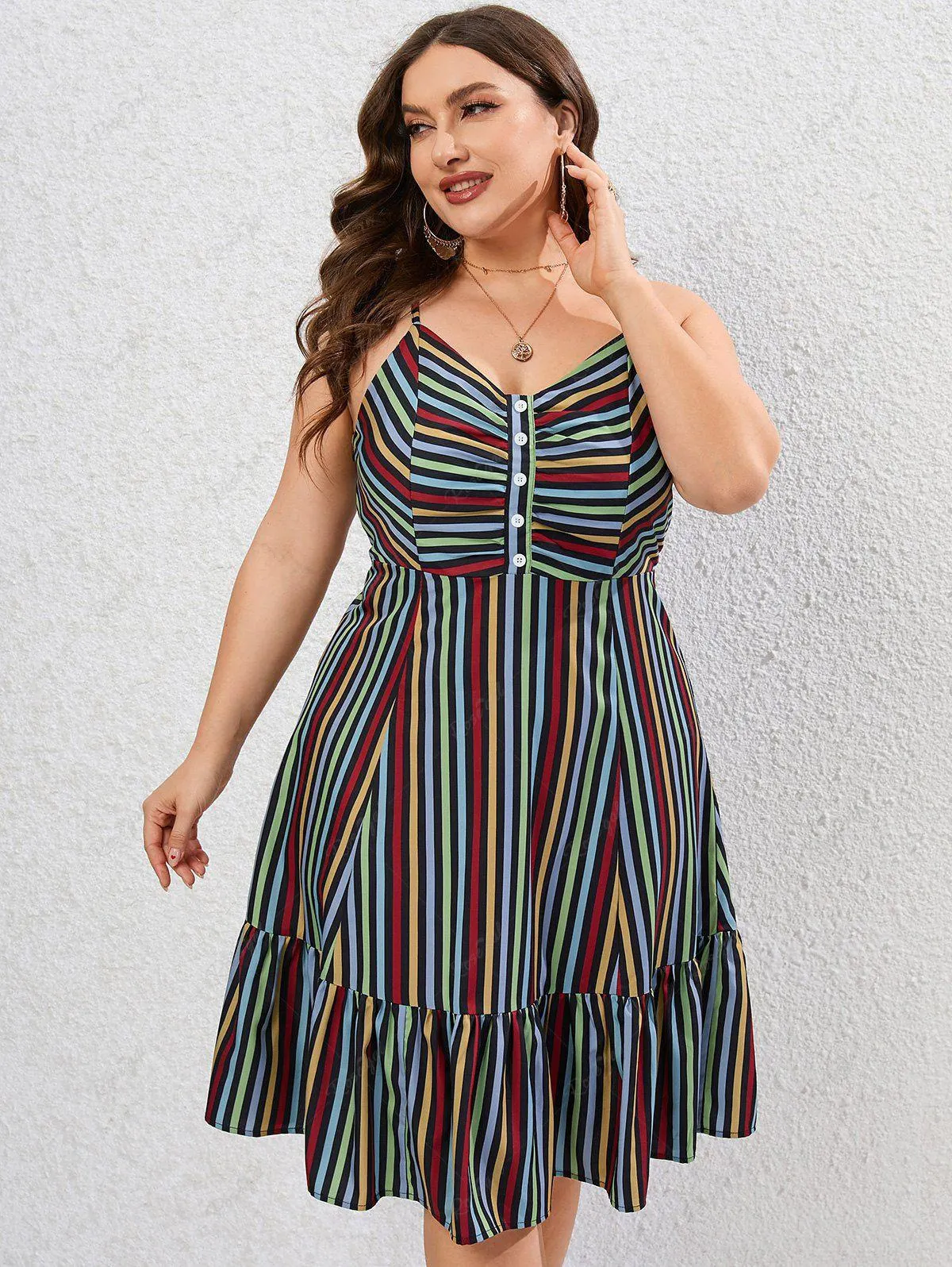 Plus Size Flounce Buttons Backless Striped A Line Cami Sundress - 5x | Us 30-32