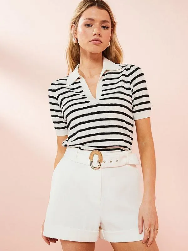 Short Sleeve Stripe Jumper With Collar - Black/Cream