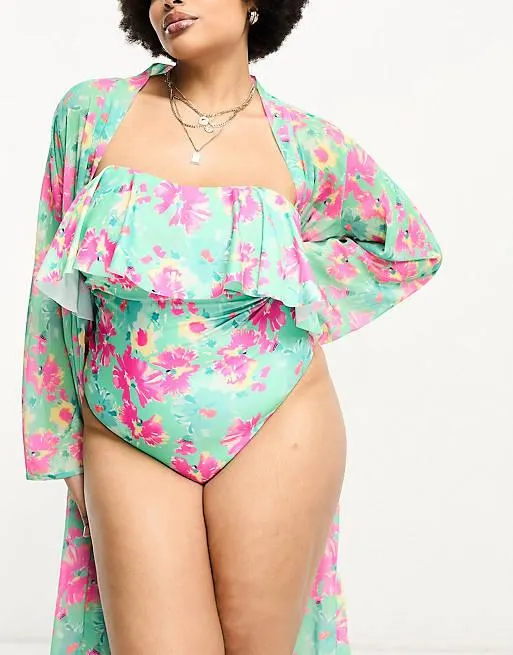 Brave Soul Plus swimsuit & kimono in green and pink floral print