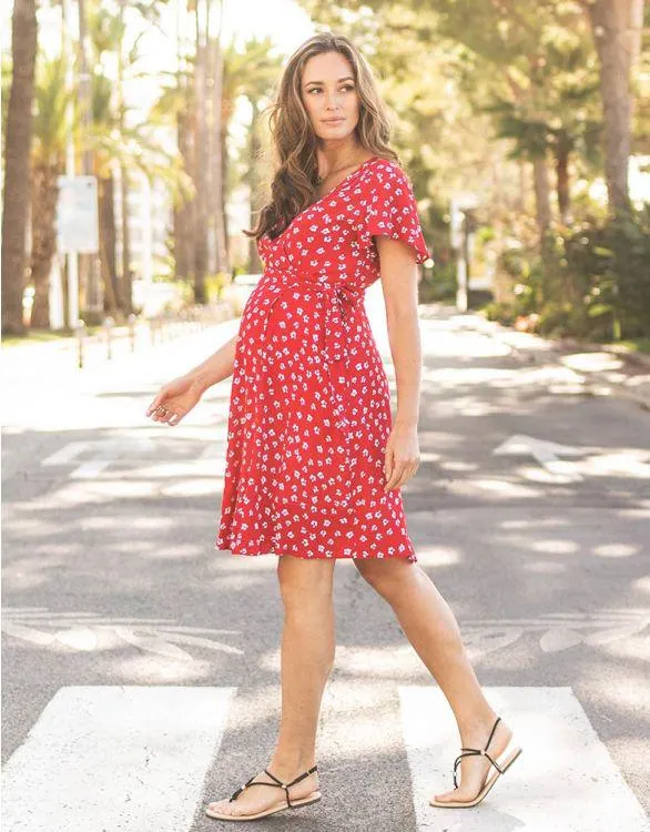Red Floral Wrap Maternity Dress