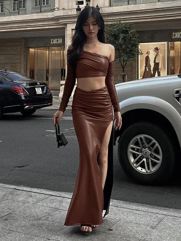 Skirt Set Coffee Brown PU Leather Sexy High-slit Outfits for Women