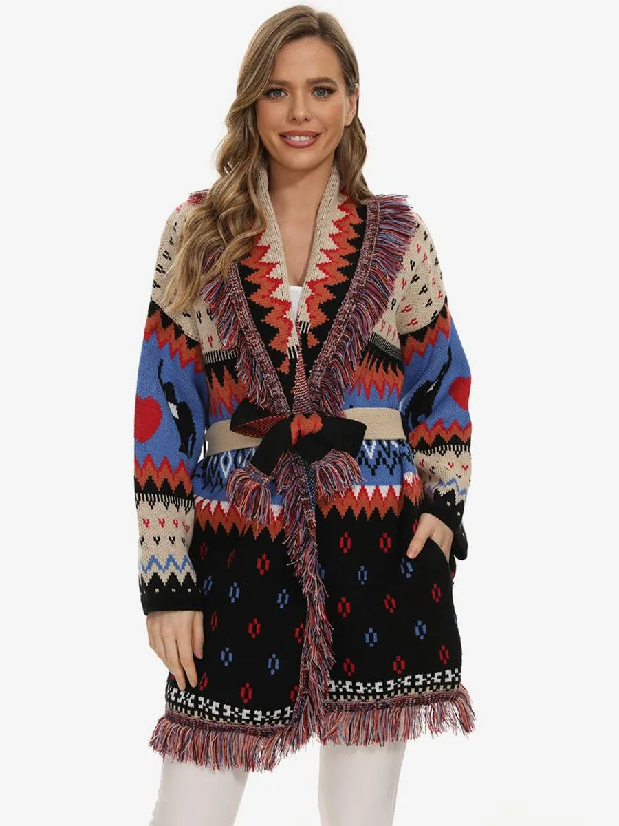 Jacquard Cardigans Tassel Trim Belted Animal Geometric Boho Sweater