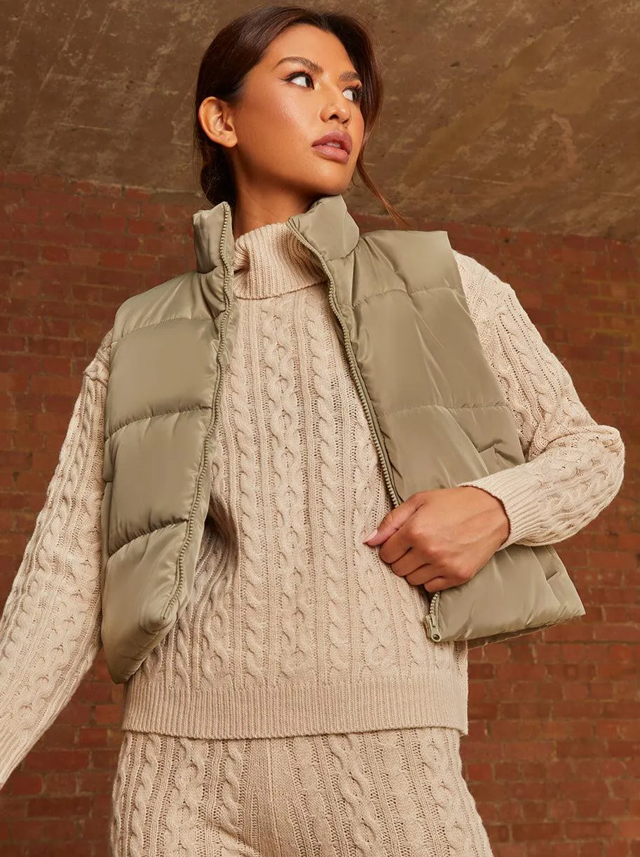 Cropped Padded Gilet in Khaki