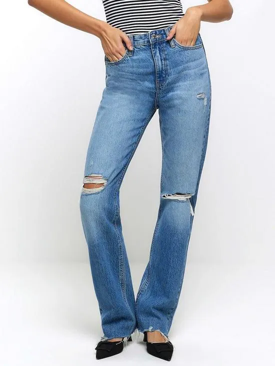 Ripped Straight Leg Jean - Denim Dark